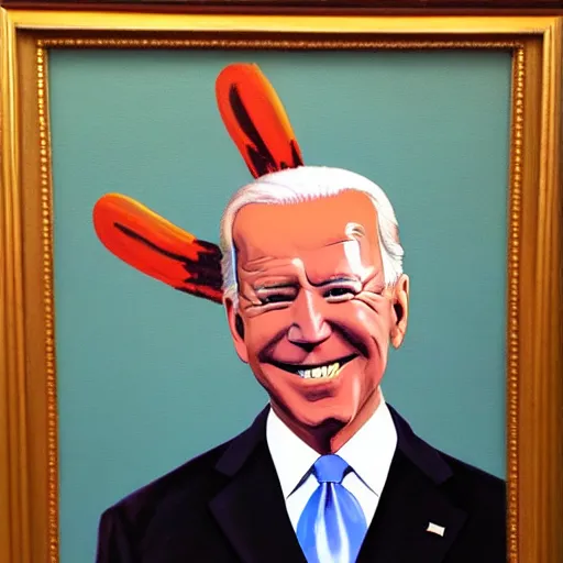 Image similar to a painting of joe biden with devil horns