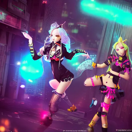 Image similar to a girl like (jinx, Princess peach), dancing, background cyberpunk city, kpop, fullshot, photo, volumetric lighting, epic composition, intricate details, dark neon punk, by KDA