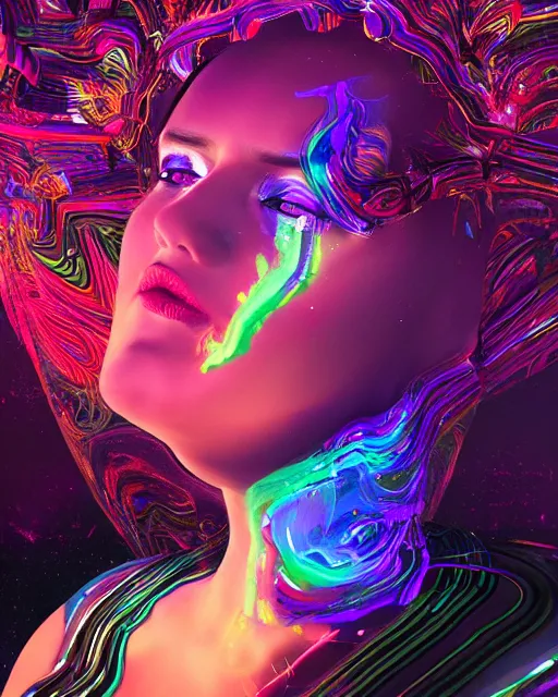 Image similar to a powerful energy psychedelic woman, by alexander fedosav, hyper detailed digital matte painting, concept art, hyperrealism, 1 6 k resolution, cinema 4 d, 8 k resolution, trending on artstation, behance hd, a masterpiece, by stephan martiniere, particles, cel - shaded, power bright neon energy, by david a. hardy,