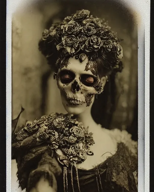 Prompt: a beautiful detailed front view portrait of a dead rotten princess with cyberpunk ornate growing around, ornamentation, elegant, beautifully soft and dramatic lit, polaroid 1 9 1 0 photo