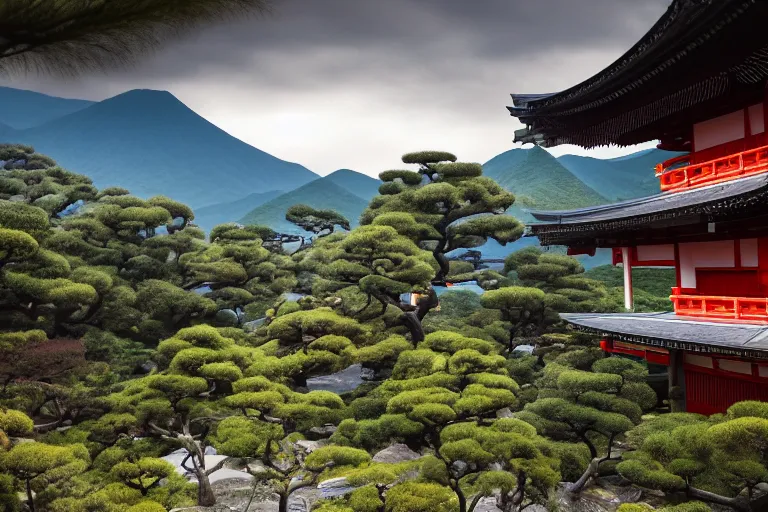 Prompt: Old japanese architecture in a Japanese valley, dramatic sky, green mountains with snow peaks, digital art, 4k, 8k, trending on ArtStation