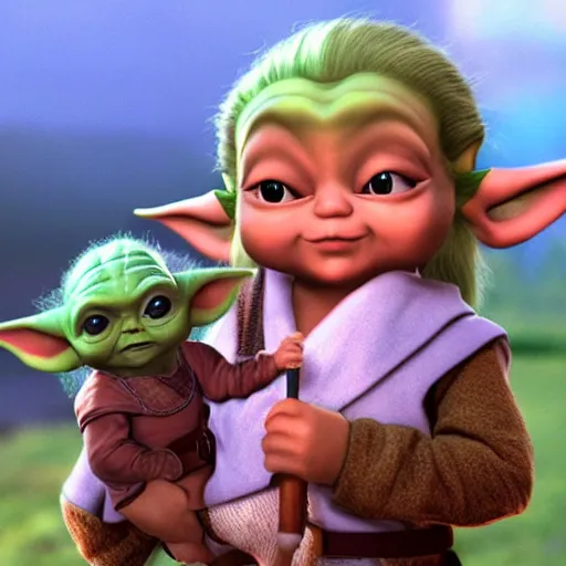 Image similar to real vintage photo, zelda the princess holding baby yoda in her arms, detailed, hyper realistic, 4 k octan render, unreal 5