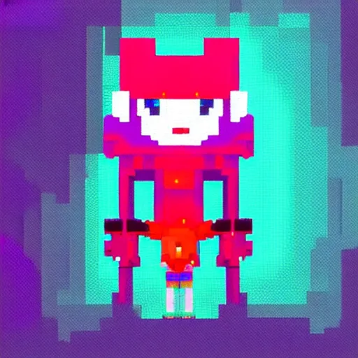 Image similar to pixel art humanoid robot cat, in the style of celeste and and hyper light drifter