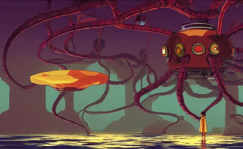 Image similar to a realistic cell - shaded studio ghibli concept art from paprika ( 2 0 0 6 ) of a flying intelligent multi - colored mechanical octopus from close encounters of the third kind ( 1 9 7 7 ) in a flooded monument valley. very dull colors, wide shot, hd, 4 k, hq