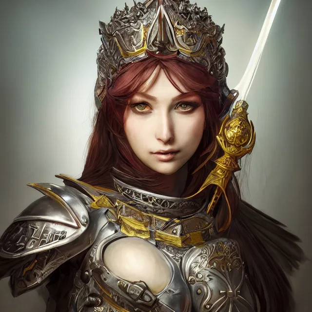 Image similar to studio portrait of lawful good colorful female holy knight paladin as absurdly beautiful, elegant, young sensual pretty woman, ultrafine hyperrealistic detailed face illustration by kim jung gi, irakli nadar, intricate linework, sharp focus, bright colors, matte, octopath traveler, final fantasy, unreal engine highly rendered, global illumination, radiant light, intricate environment