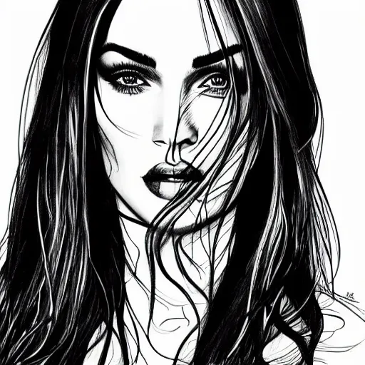 Image similar to “Megan Fox, portrait!!! Portrait based on doodles, scribbled lines, sketch by Liz Y Ahmet, monochrome, concept Art, millions lines, white background, ultra detailed portrait, 4k resolution”