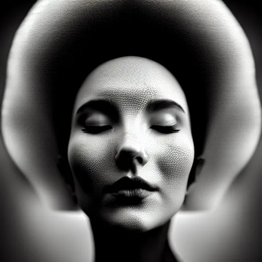 Image similar to black and white portrait of a young beautiful woman with eyes closed. partially covered with smooth fractal mandelbulb mask, speed painting and scribble art, octane render, behance and artstation, intricate detail, beautiful, moody, cinematic, art deco, surrealism, futurism.