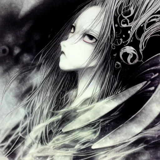 Image similar to yoshitaka amano blurred and dreamy illustration of an anime girl with wavy white hair and cracks on her face wearing elden ring armour with the cape fluttering in the wind, abstract black and white patterns on the background, noisy film grain effect, highly detailed, renaissance oil painting, weird portrait angle