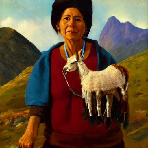 Prompt: portrait of a south American woman wearing a poncho and holding a llama on top of a mountain on the andes, oil painting, soft colors