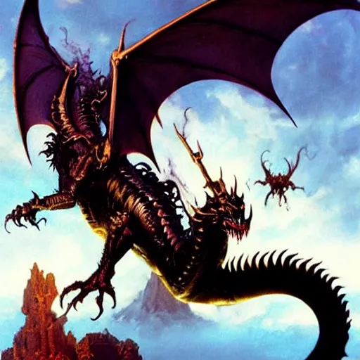 Prompt: flying black dragon spitting acid, d & d, fantasy, greg rutkowski, frank frazetta, alexandre chaudret, boris vallejo, michael whelan, miro petrov, hr giger, magali villeneuve, donato giancola