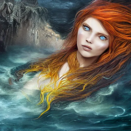 Prompt: Portrait of a sunken ship, mermaid, face, orange flowing hair, fantasy, intricate, elegant, beautiful, magical, large grey eyes, luminescent, enchanted, yellow mist, highly detailed, hyper realistic, digital painting, artstation, concept art, smooth, sharp focus, 4k, 8k