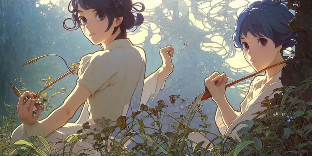 Image similar to twist your tiny lies into the spoon, spinning a web with your metallurgy. by hayao miyazaki and rossdraws and artgerm and greg rutkowski and alphonse mucha and studio ghibli. high quality, stunning, intricate detailed environment. 8 k