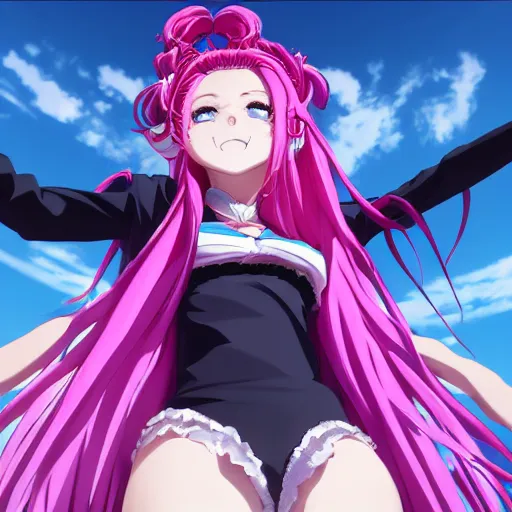 Prompt: stunningly beautilful omnipotent megalomaniacal anime goddess who looks like junko enoshima with symmetrical perfect face and porcelain skin, pink twintail hair and cyan eyes, taking control while smiling, mid view from below her feet taken in an extremely low angle, hyperdetailed, digital art, unreal engine 5, 2 d anime style, 8 k