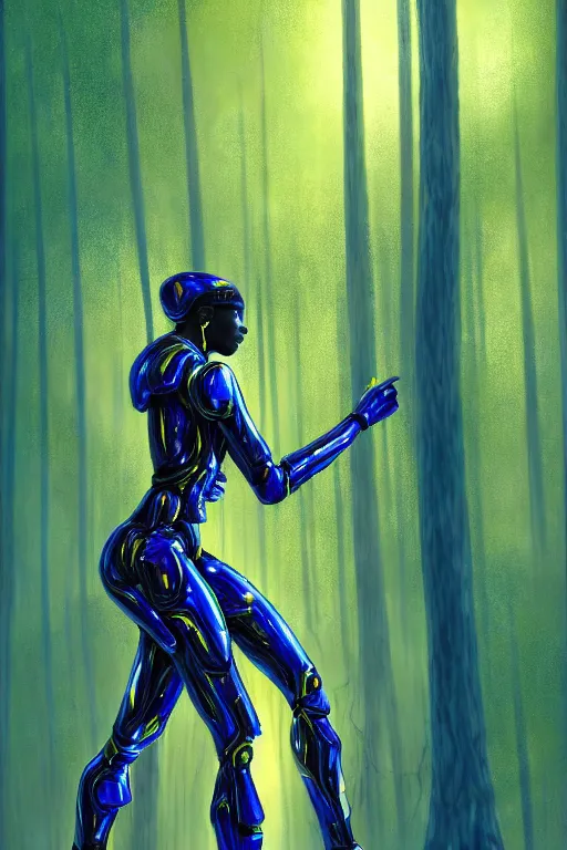 Prompt: hyperrealistic post - symbolism cinematic super expressive! black woman with exoskeleton armor, merging with tree in a forest, highly detailed digital art masterpiece, smooth cam de leon eric zener dramatic pearlescent soft blue yellow light, ground angle hd 8 k, sharp focus