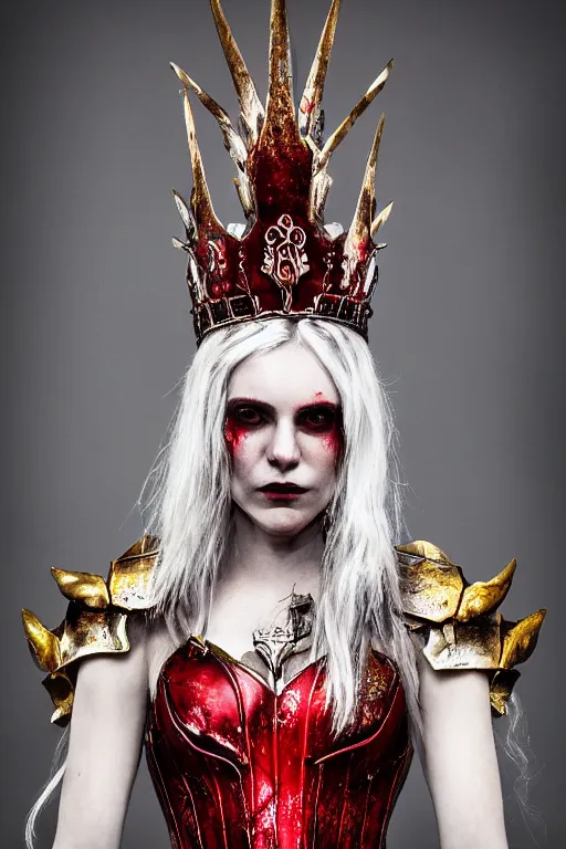 Image similar to the blood crown queen wear the scarlet armor, cinematic lighting, various refining methods, micro macro autofocus, ultra definition, award winning photo