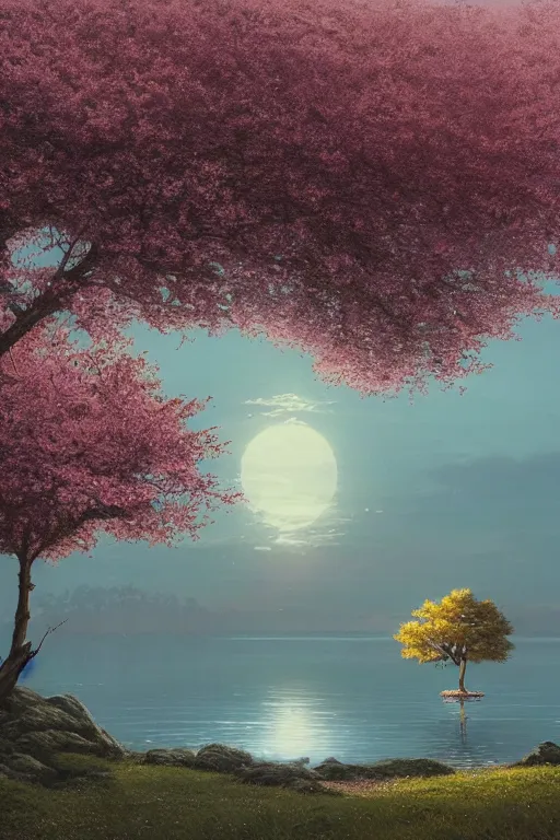 Image similar to a distant sakura tree on a lake, viewed from afar, stephen bliss, misty, unreal engine, fantasy art by greg rutkowski, loish, rhads, ferdinand knab, makoto shinkai and lois van baarle, ilya kuvshinov, rossdraws, tom bagshaw, global illumination, radiant light, minimalist, illustration, detailed and intricate environment