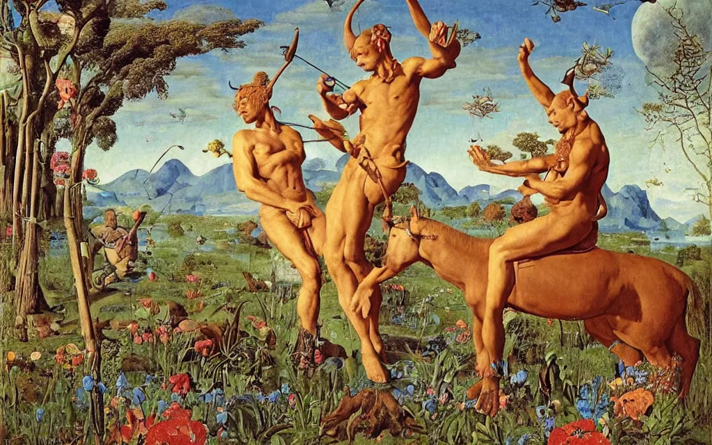 Image similar to a portrait photograph of a meditating satyr and a centaur monk riding a rocket machine and hunting at a river delta. surrounded by bulbous flowers and trees. mountain range under a blue sky of fiery stars. by jan van eyck, max ernst, ernst haeckel, ernst fuchs and artgerm, cgsociety, fashion editorial, 8 k