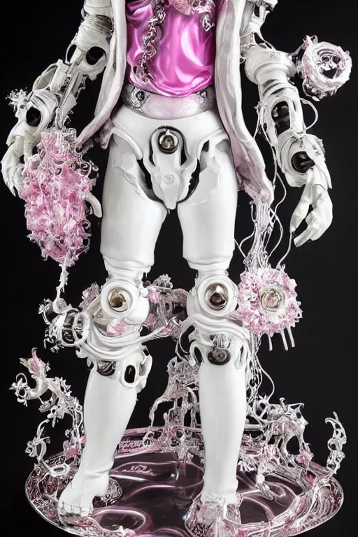 Image similar to full-body rococo and cyberpunk style porcelain and chrome statue of a young attractive Marcelo Mastro android novinho gostoso e dotado falling from the sky, glowing white laser eyes, prince crown of pink gears, diamonds, swirling silver-colored silk fabric. futuristic elements. full-length view. space robots. human skulls. intricate artwork by caravaggio. Trending on artstation, octane render, cinematic lighting from the right, hyper realism, octane render, 8k, depth of field, 3D