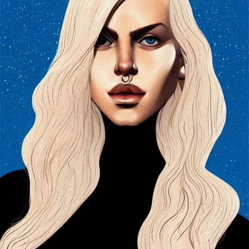 Image similar to a stunning upper body portrait of a beautiful woman with waving bleach blonde hair by marvel comics, digital art, trending on artstation