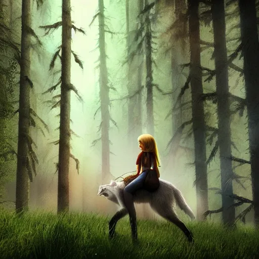 Image similar to medium shot young girl, blond hair green eyes, astride a gray wolf, in a dark forest, mysterious, backlit, beautiful still from a pixar dreamworks movie, trending on artstation