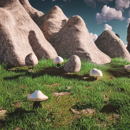Prompt: photo of mountain pass, moshrooms on ground, mountains in background, ultrarealistic raytracing, vray, 55mm