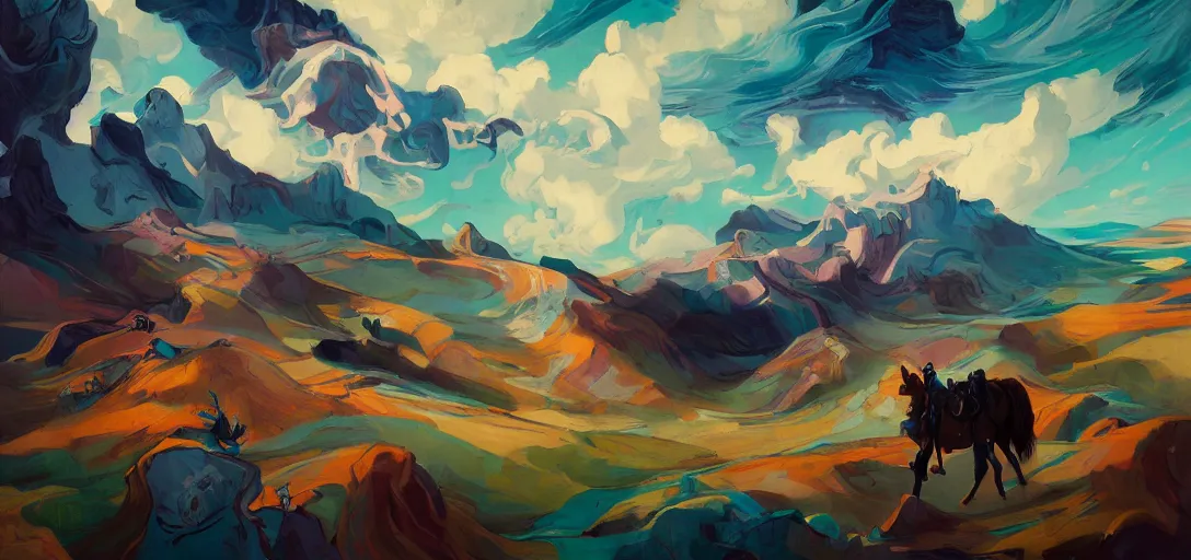 Prompt: over the hills, by peter mohrbacher, dream as a horse, jeremy man, francoise nielly, van gogh, ross tran, beautiful, award winning scenery