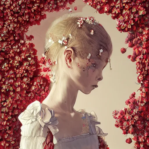 Image similar to the portrait of an absurdly beautiful, graceful, elegant, sophisticated, fashionable little girl made of strawberries and white petals looking down, an ultrafine hyperdetailed illustration by kim jung gi, irakli nadar, intricate linework, bright colors, octopath traveler, final fantasy, unreal engine 5 highly rendered, global illumination, radiant light, detailed and intricate environment