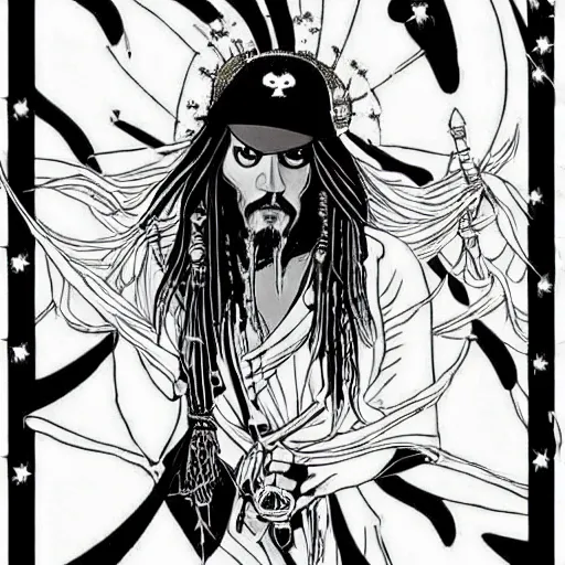 Prompt: black and white pen and ink!!!!!!! Jack Sparrow wearing cosmic space robes made of stars final form flowing royal!!! mage hair golden!!!! Vagabond!!!!!!!! floating magic swordsman!!!! glides through a beautiful!!!!!!! Camellia!!!! Tsubaki!!! death-flower!!!! battlefield behind!!!! dramatic esoteric!!!!!! Long hair flowing dancing illustrated in high detail!!!!!!!! by Moebius and Hiroya Oku!!!!!!!!! graphic novel published on 2049 award winning!!!! full body portrait!!!!! action exposition manga panel black and white Shonen Jump issue by David Lynch eraserhead and beautiful line art Hirohiko Araki!! Tite Kubo!!!!!, Kentaro Miura!, Jojo's Bizzare Adventure!!!!