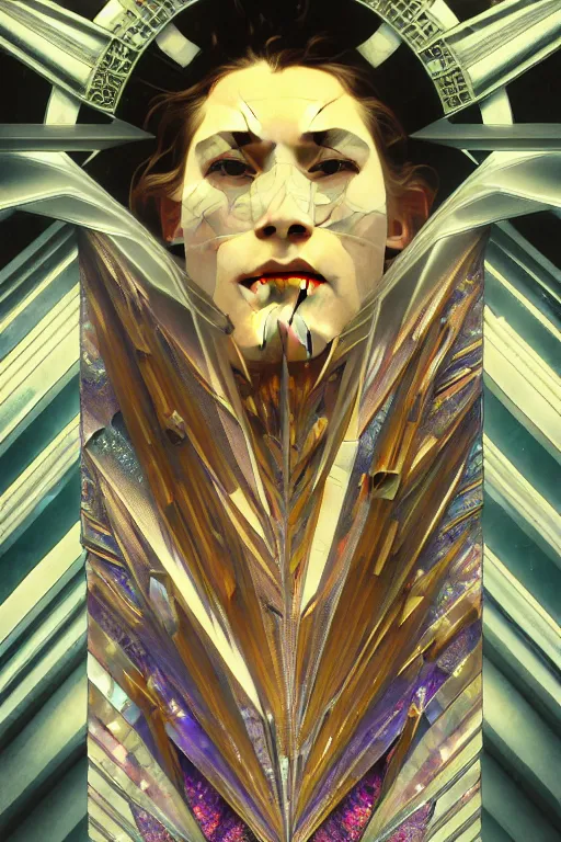 Image similar to hyperrealism, dreamland of chinese, ghost, sharp, slender and densely arranged teeth, futuristic, synthwave, art deco, expressive, dystopian, cyberpunk, mecha, halfturn portrait of a big crystal face made of crystals half - turn, ominous, intricate, oc rendered, art by alphonse mucha, concept art, 4 k, sharp focus