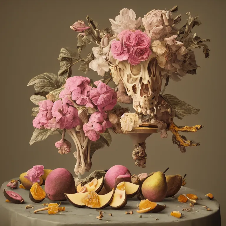 Image similar to still life of rotten flesh, beautiful pastel flowers, human spine, tropical fruit baroque painting, beautiful detailed intricate insanely detailed octane render, 8K artistic photography, photorealistic