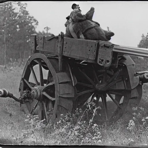 Prompt: a picture of a enormous bear pulling a towed artillery gun behind his back like a carriage, eastern front, historical picture