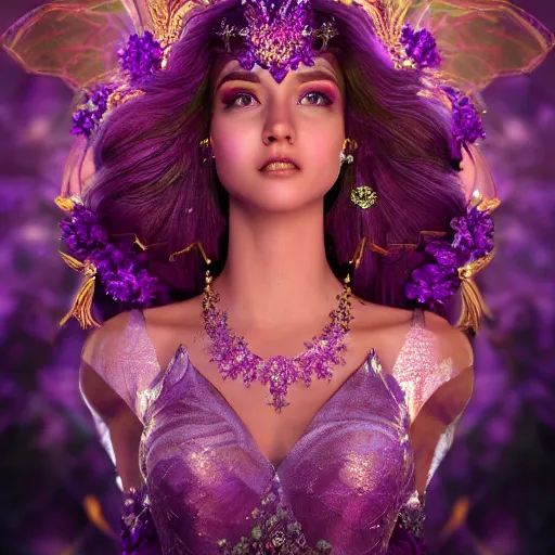 Image similar to portrait princess of amethyst, glowing, ornate and intricate purple jewelry, jaw dropping beauty, glowing background lighting, purple accent lighting, hyper detailed, fairy tale, 4 k octane render