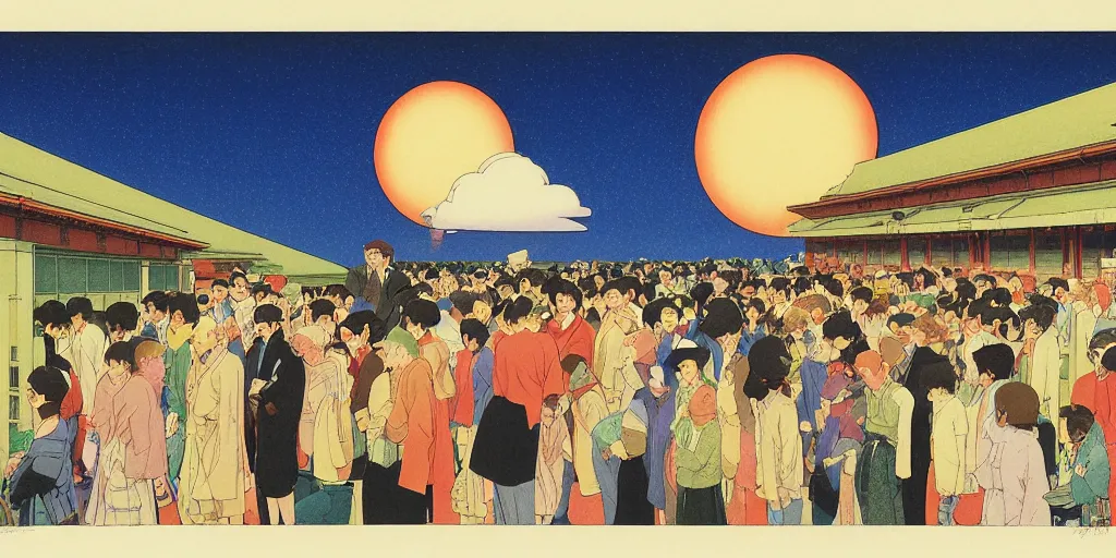 Image similar to a crowd of people looking up at a the sun in the sky, risograph by kawase hasui, edward hopper, satoshi kon and moebius, studio ghibli, no text!, colorful flat surreal design, super - detailed, a lot of tiny details, fullshot