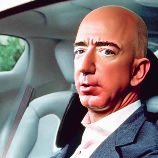 Image similar to jeff bezos as tim roth in reservoir dogs, bleeding in the back seat of the car holding his guts in, 3 5 mm film, high quality film, big screen, cinematic