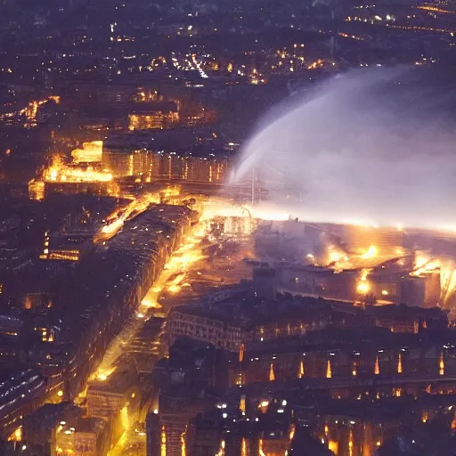 Prompt: bombing raid from aerial view world war 2 fire, london, volumetric lighting, nighttime