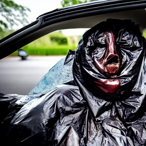 Prompt: stinking garbage bag with human face oozing goop inside car, wide angle, specular highlights, fetid atmosphere