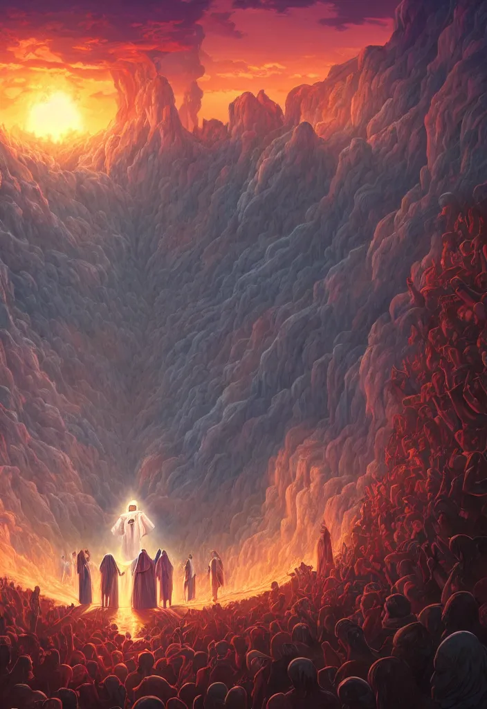 Image similar to jesus descends into hell by dan mumford, yusuke murata and makoto shinkai, 8k, cel shaded, unreal engine, featured on artstation, pixiv