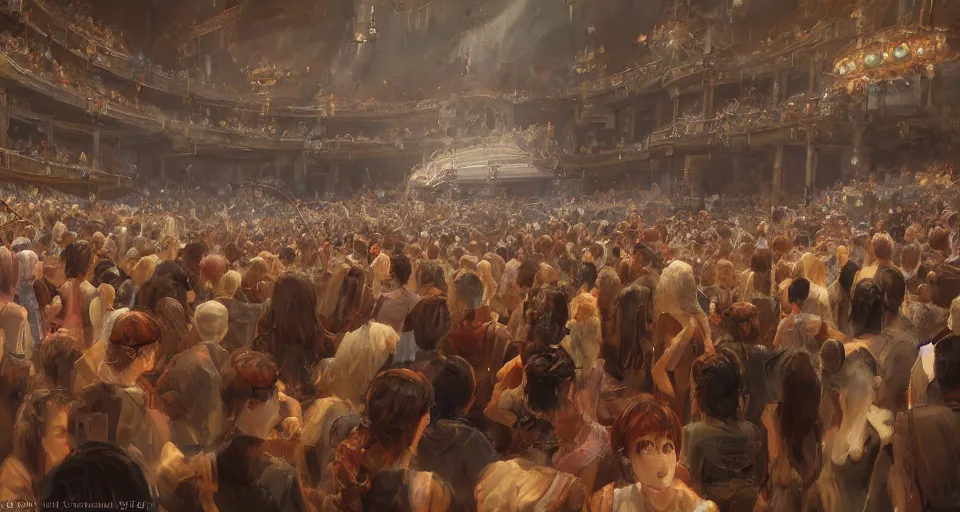 Image similar to craig mullins and ghibli digital art of inside the grand theater, audience, on the stage, masked female violinists, exotic costumes, gold jewelry, black hair, solo performance unreal engine, hyper realism, realistic shading, cinematic composition, realistic render, octane render, detailed textures, photorealistic, wide shot