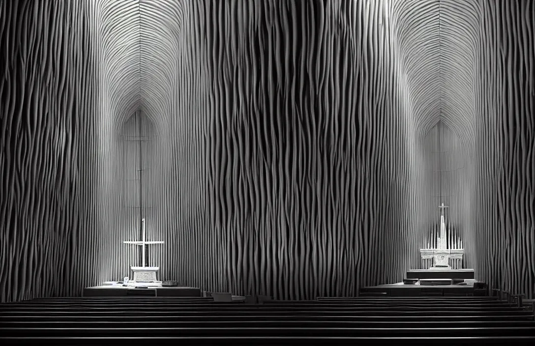 Image similar to symbolic animals line density is used for rendering light and shadow. the precision of drawing makes the final effect that of a shallow relief sculpture symbolic intact flawless ambrotype from 4 k criterion collection remastered cinematography gory horror film, ominous lighting, evil theme wow photo realistic postprocessing in this church interior, vertical lines suggest spirituality, rising beyond human reach toward the heavens. building by frank gehry