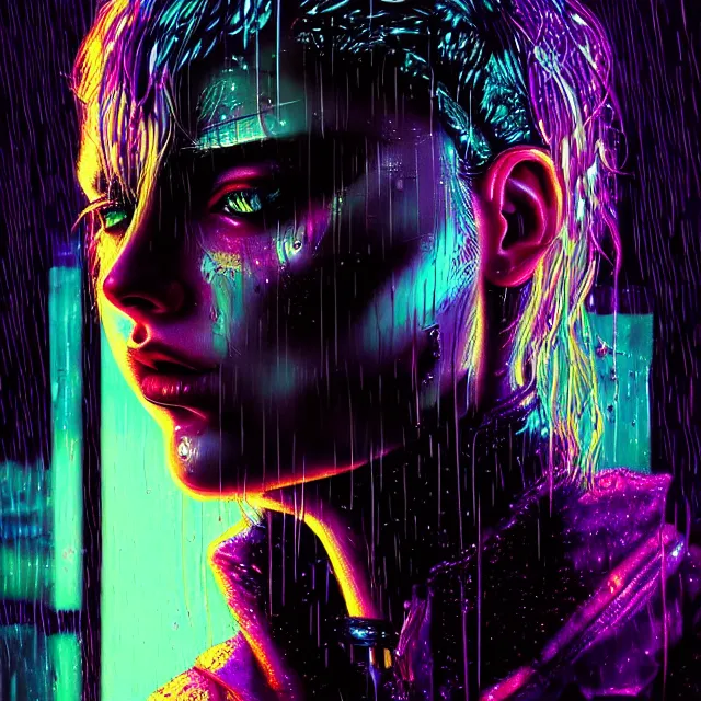 Image similar to bright aesthetic portrait LSD glowing backlit rain on face and wet hair, cyberpunk, overhead lighting, fantasy, intricate, elegant, dramatic lighting, highly detailed, lifelike, photorealistic, digital painting, artstation, illustration, concept art, smooth, sharp focus, art by John Collier and Albert Aublet and Krenz Cushart and Artem Demura and Alphonse Mucha