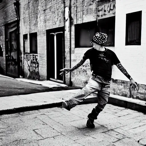 Prompt: Yitzhak Rabin wearing punk clothes and a cap doing breakdance moves in an alley, black and white, street photography, 4k, HQ