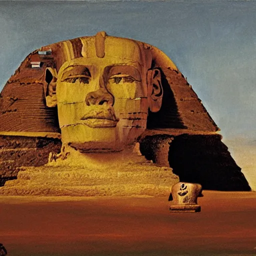 Image similar to the sphinx with the head of john cleese, young john cleese's head on the sphinx, painting by john martin