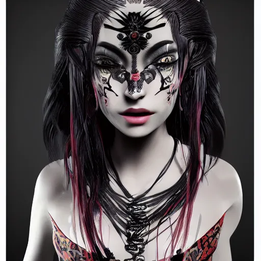 Image similar to japanese gothic model with maximalist hair style and kanji tattoos, dark colors, fashion model, portrait shot, depth of field, 8 k, hyper detailed, intricate, trending on artstation