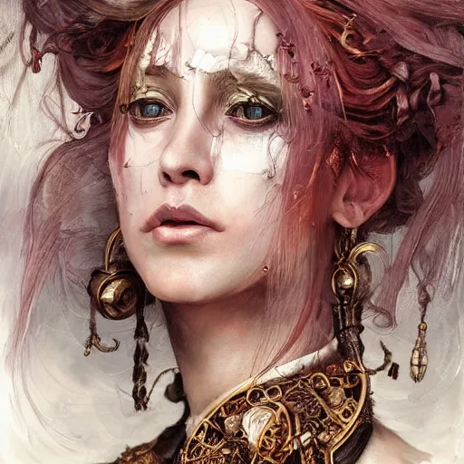 Image similar to portrait, headshot, insanely nice professional hair style, dramatic hair color, digital painting, of a old 17th century, old cyborg merchant, amber jewels, baroque, ornate clothing, scifi, realistic, hyperdetailed, chiaroscuro, concept art, art by Franz Hals and Jon Foster and Ayami Kojima and Amano and Karol Bak,