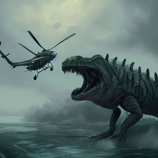 Image similar to an giant reptile creature destroying flying helicopters in a foggy storm weather, Matte painting , detailed painting, greg rutkowski