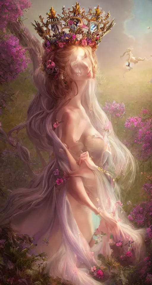 Image similar to A beautiful fantasy empress, full body, just one head, flower tiara, long hair, wearing dramatic aristocrat robe, delicate figure, field of fantasy flowers, foxes and deer, epic composition, ultra wide-shot, dynamic pose, concept art, beautifully lit, digital painting, smooth, character design, sharp focus, elegant, intricate, trending on artstation, by WLOP and James Jean and Victo Ngai