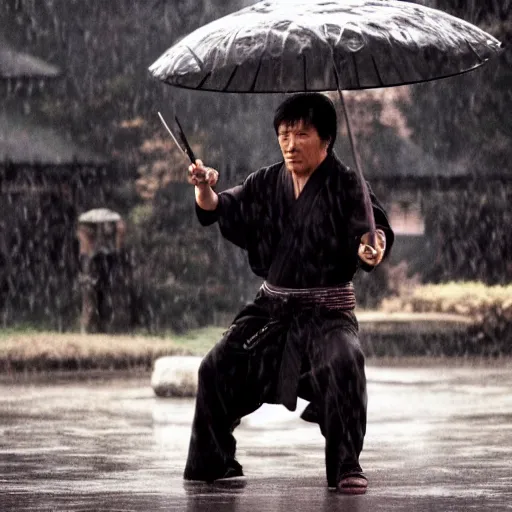 Prompt: Jackie Chan as samurai , under rain, dramatic, sad ambience, an film still