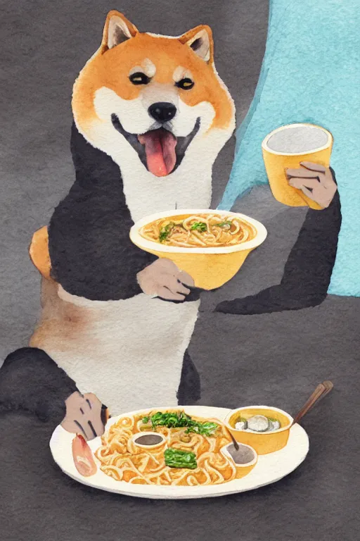 Prompt: a portrait of a shiba inu eating ramen on a dinner table, watercolor, studio ghibli, studio ghibli color palette, artistic