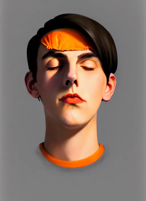 Image similar to portrait of teenage jughead jones wearing a light grey crown, symmetrical crown, hamburger background, eyes closed, crown, black hair, orange, intricate, elegant, glowing lights, warm lighting, highly detailed, digital painting, artstation, concept art, smooth, sharp focus, illustration, art by wlop, mars ravelo and greg rutkowski