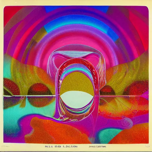 Image similar to a vintage album cover of a trippy lake surrounded by abstract flowers, an arch emerging from the water made of golden fabric, thin - film interference